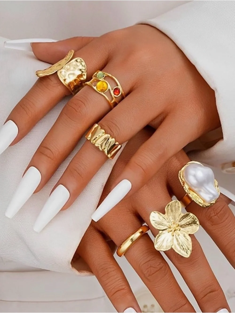 Gold Floral & Pearl Rings. Accent Chunky Gold Stackable Ring Set /Knuckle